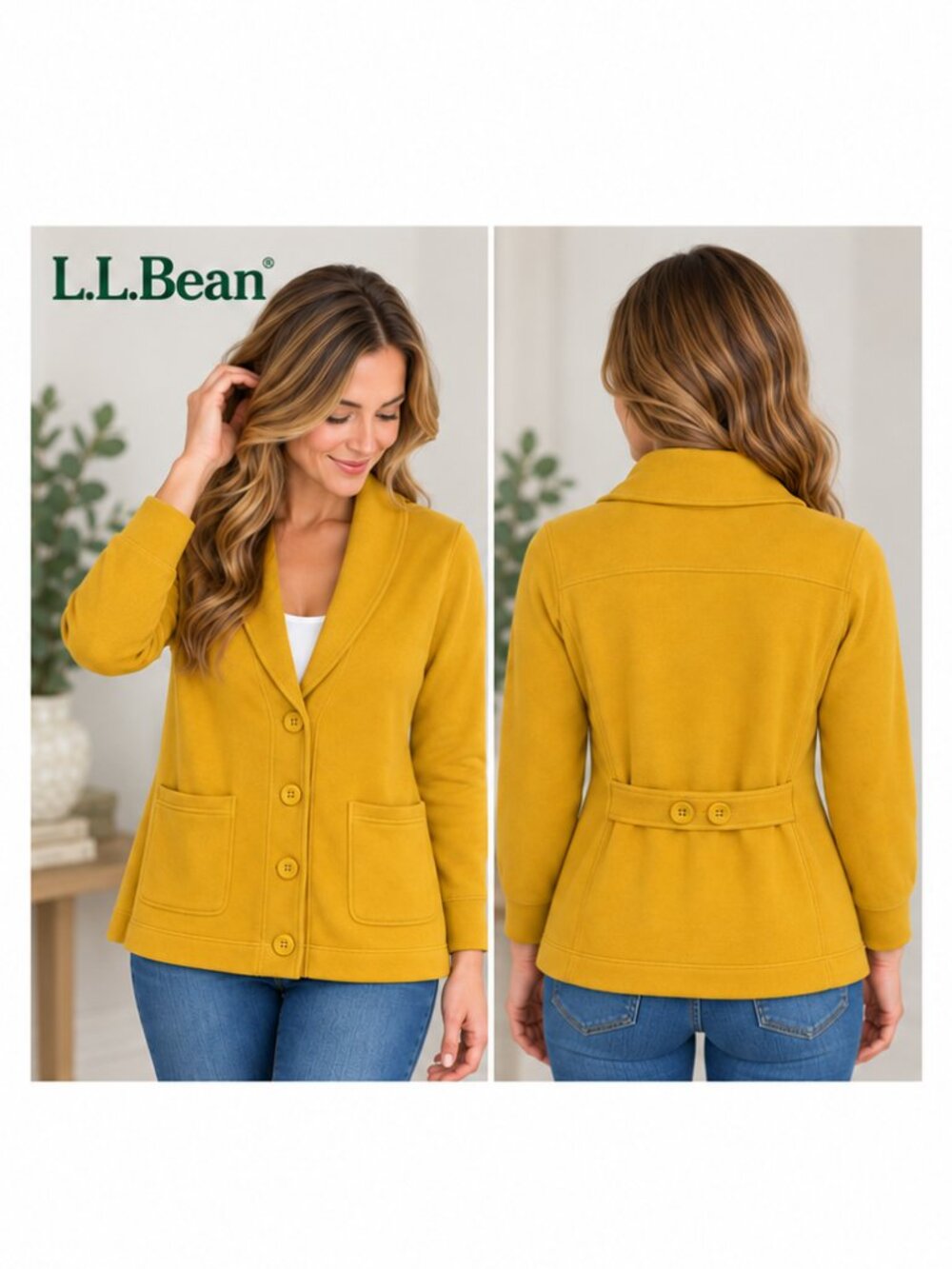 L.L.Bean Mustard Yellow Shawl Collar Sweater Blazer Cardigan M